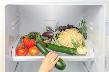 hand picks up zucchini from the refrigerator shelf. Hand takes a zucchini from the refrigerator. The refrigerator is filled with vegetables and herbs.の写真素材