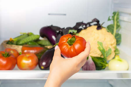 woman's hand picks up tomato from the refrigerator shelf. Hand takes a tomato from the refrigerator. The refrigerator is filled with vegetables and herbs. healthy food. healthy lifestyle conceptの写真素材