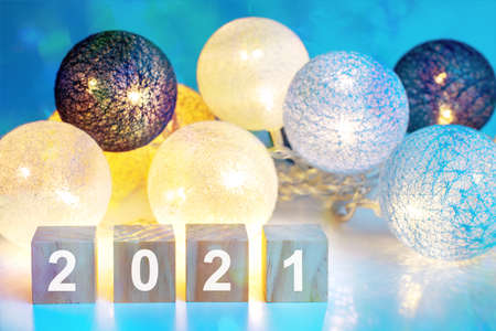 New Year 2021 Christmas Decoration - Blue Party Celebration Wood Cube with 2021. new year background