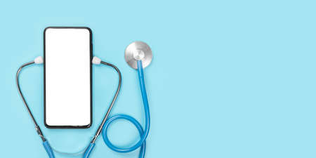 Mockup of the phone with the stethoscope checks the health.の写真素材