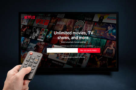 USA, NEW YORK February 2, 2021: NETFLIX Interface of video distribution service. Subscription...