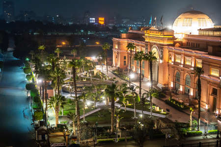 CAIRO, EGYPT - MAY 11, 2021: night view of the Egyptian Museum. aerial view of the Egyptian Museum...