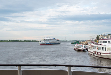 Moscow, Russia - June 06, 2021: River boats on the quay. Cruise Ship On Volga River. popular type of vacation - river cruisesのeditorial素材