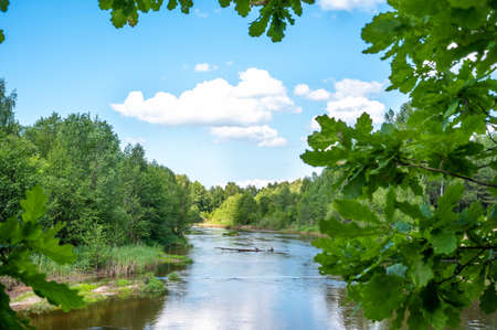 landscape forest river summer. Green Nature Landscape. Summer Landscape With forest River And Clouds On The Blue Sky. Calm river flowing gently through woodland landscapeの写真素材