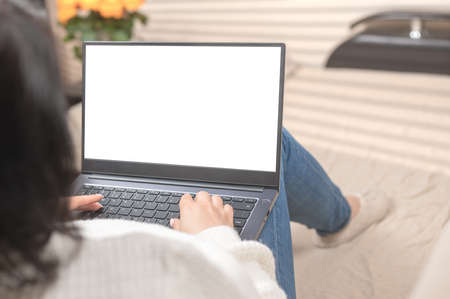 Mockup laptop. Close up of female sit on cozy sofa typing on laptop, woman freelancer working at...