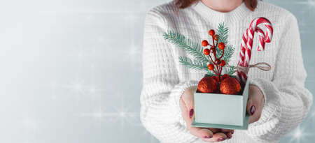 Close up shot of female hands holding small gift. Woman's hands hold christmas or new year decorated gift box. banner, copy spaceの写真素材