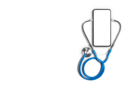 Stethoscope and mockup phone isolated on white background. Mockup phone with stethoscope checks health. Online medical clinic communication with patient. Telemedicine concept. doctor onlineの写真素材
