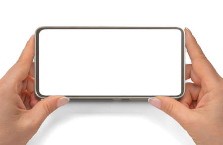 phone mockup in horizontal position. close up hands hold cellphone isolated on white background....