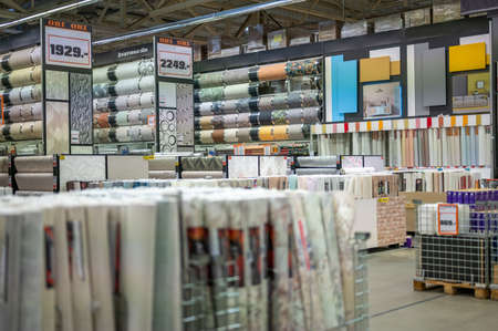 Kassel, Germany - March 28, 2022: Interior of the OBI store. large hardware store, tools and material. section with the wallpaper. wallpaper store, discount wallpaper saleのeditorial素材