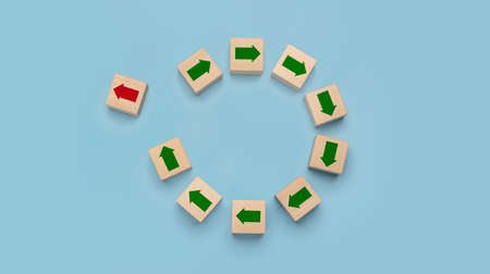 Disruption and technology transformation concept , Red arrow on wooden block cube move out from...