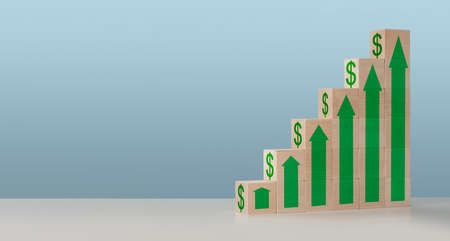 Wood blocks with dollar sign. Target of investment and business growth concept. Ladder business growth success process concept.Wood block stacking as step stair with arrow up. copy spaceの写真素材
