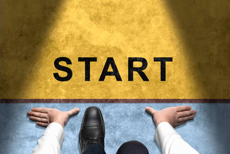 Businessperson ready to start compete. Start concept. Low Section of Businessman at Start Line. Get Ready to Moving Forward. New Challenge, New Business. business strategyの写真素材