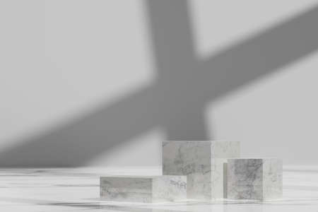 Mock up scene geometry shape podium for product display. Three marble cube plate podium for product presentation. Gray background for product presentation with beautiful lights and shadowsの写真素材
