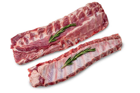 Racks of fresh raw pork meat ribs isolated on white backgroundの写真素材