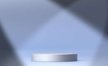 Empty podium or pedestal display on blue background with cylinder stand concept. Blank product shelf...