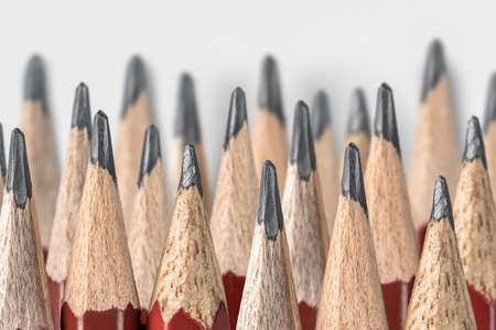 lot of sharpened pencils laid out in several rows. sharpened pencils close up isolated on gray background. tool for drawing, drafting and drawing up plan of action. Bunch of pencilsの写真素材
