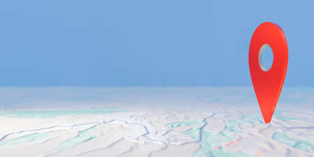 Red pin, point on the abstract noname map. concept of tourism and travel background. Location marking with a pin on a map with routesの写真素材