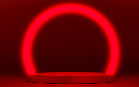 Podium for product placement with red ring lamp and contemporary design. minimal scene for mock up and showing brand. Pedestal platform or podium blank space for beauty cosmetic productの写真素材
