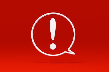 white speech bubble with exclamation mark. white speech bubble with exclamation mark. Hazard warning symbol. Red attention sign icon. 3D rendering.の写真素材