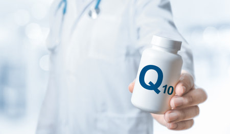 Q10, Coenzyme, COQ10 supplements for human health. Doctor recommends taking COQ10. Doctor gives vitamin Q10. Essential vitamins and minerals for humans. Coenzyme q10 Health Concept.の写真素材
