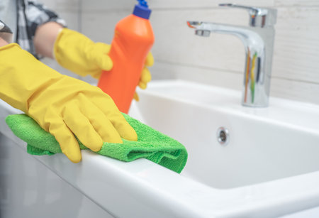 cleaning bathroom sink and faucet with detergent in bathroom. Man doing chores cleaning bathroom at home. cleaning service. chambermaid cleaning tap in bathroom, closeupの写真素材