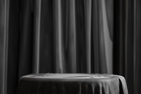 Black silky fabric with shiny waves and round stage for product placement, creative product display backdrop. luxury product placement sceneの写真素材