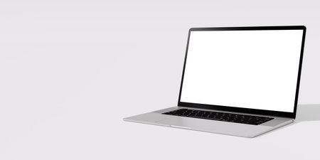 laptop mockup. Laptop in angled position with blank screen isolated on white gray background. Modern...