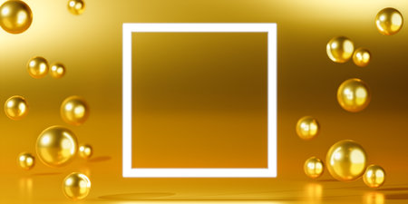 White frame surrounded by gold spheres, balls on shiny metallic background. Template for product placement and marketing. Empty frame mockup. Abstract scene with frame and spheres. 3dの写真素材