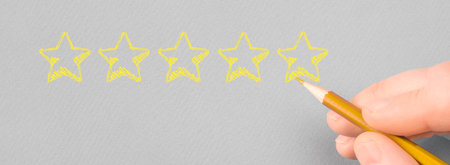 Customer rating with hand drawn stars. positive customer feedback. Hand writing yellow five star to...