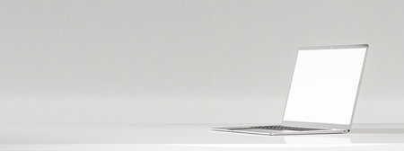 Mockup laptop. Slim modern laptop with white screen on gray background. side view. wide web banner....