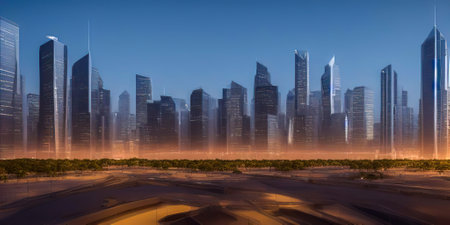 Illuminated Cityscape Against Sky At Night. light trails on the modern building background. image created with generative AIの写真素材