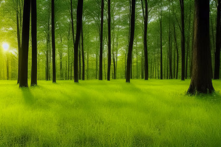 Fresh green grass background in sunny summer day. fresh spring sunny garden background of green grass and blurred foliage. spring nature. beautiful landscape. Green Grass and Treesの写真素材