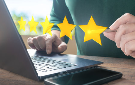 Customer review satisfaction feedback survey concept. hand evaluate product purchased online. rating...