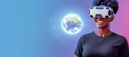 African woman in vr glasses and earth globe hologram in cyberspace. irtual reality, metaverse or...