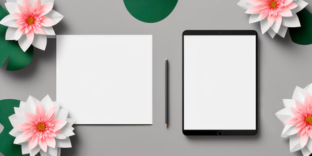 Mockup white paper and digital tablet. Paper mockup with flowers. gray background. Flat lay, top...