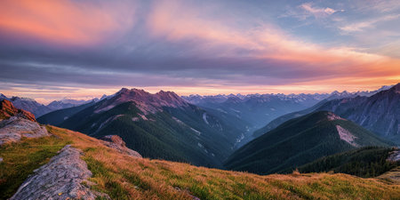 panoramic image captures breathtaking mountain landscape at sunset, featuring rugged peaks, travel...