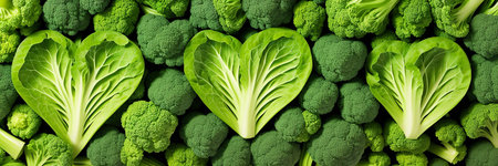 Green Heart shape by vegetables. Green vegetables and leafy food background as healthy eating...