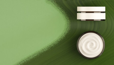 Mockup White blank cosmetic jar on green background. Cosmetic Beauty Concept. Moisturizing face cream. Glass cosmetic jar. natural cosmetic product. 3d renderingの写真素材