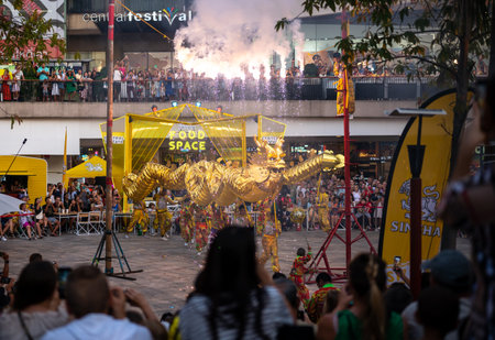 Pattaya, Thailand - February 01, 2023: Celebration of Chinese New Year in Pattaya, near mall Central Festival. performance by Chinese artists. many spectatorsのeditorial素材