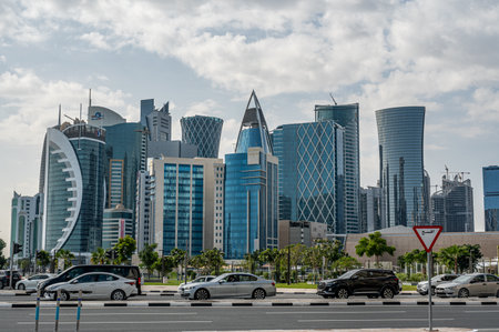 Doha, Qatar - February 4, 2023: Doha modern city, Qatar, Middle East. Cityscape with tall modern skyscrapers. West Bay Business Quarterのeditorial素材