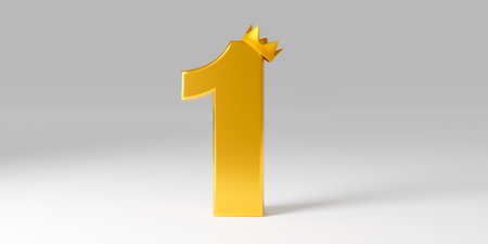 Winner concept. Golden number one with gold crown for champion or winner on gray background. number 1 and golden king crown award on success background with best of champion concept. 3D rendering.の写真素材