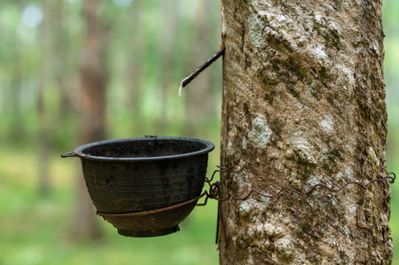 latex extraction syringe. Latex collect in plastic cup. latex raw material. Plantation for the extraction of natural latex from rubber treesの写真素材