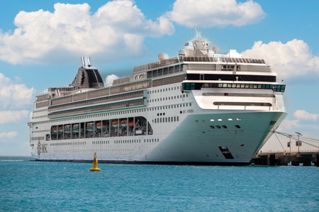 Dubai, United Arab Emirates - April 4, 2023: Cruise ship MSC Opera. Cruise Line MSC, cruise ship MSC Opera sails from port Sir Bani Yas. Beautiful seascape with big huge cruise shipのeditorial素材