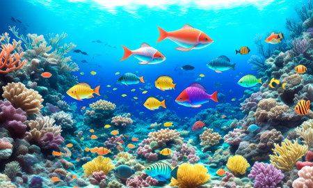 underwater world. Coral reef and fishes. Underwater coral reef background. Tropical sea underwater fishes on coral reef. Aquarium oceanarium wildlife. colorful snorkel diving. Generative AIの写真素材