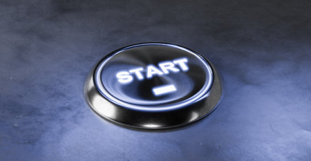 start button. Start business and Startup. Power start button or ignition launching button with blue...