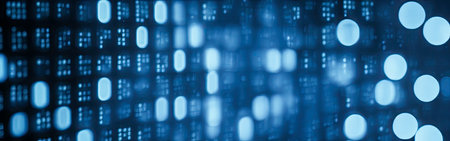 Blue digital binary data on computer screen with bokeh. Abstract information technology background....