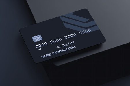 Black bank credit card. Online payments concept with black credit cards on abstract blank dark surface. Black credit card with chip.の写真素材