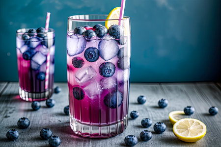 Blueberry citrus summer cooling drink, iced berry lemonade cocktail with blueberries and lemon. Refreshing summer drink with lemon, blueberries and ice cubes. Detox, lemonade, cocktail. Generative AIの素材