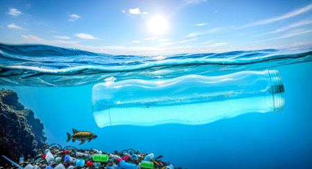 plastic pollution in the ocean. Environmental pollution ocean and water with garbage plastic and human waste. environmental pollution. ecological problem. Generative AIの素材