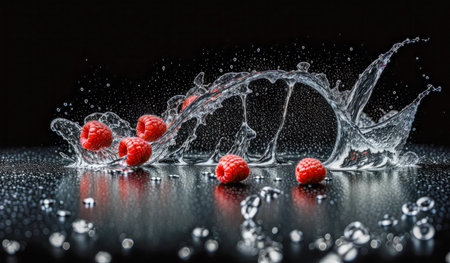 Raspberries splashing into water on black background. Raspberries falling in water with splash. Red ripe delicious raspberries with splashes and drops of water. freshness and bright taste of summer berriesの写真素材
